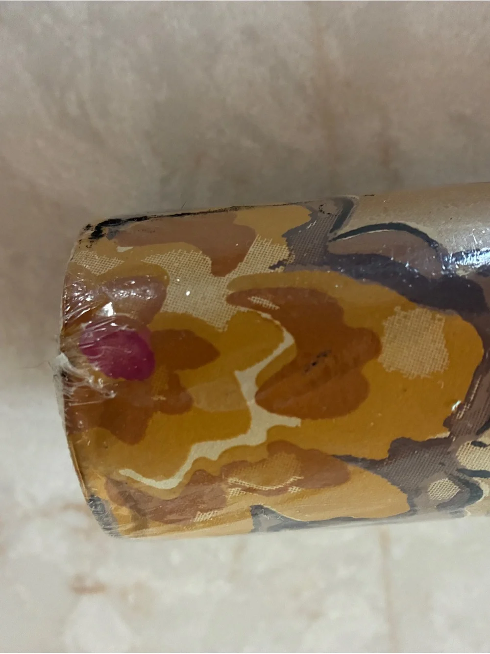 Gold Floral Wallpaper Roll with Green Stem Accents